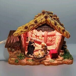 Vtg Kmart Christmas Lighted Manger 5 Pc Bethlehem Village Ceramic Nativity Jesus